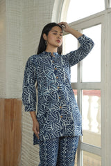 INDIGO LEAF & DIAMOND PRINT CO-ORD SET