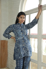 INDIGO LEAF & DIAMOND PRINT CO-ORD SET