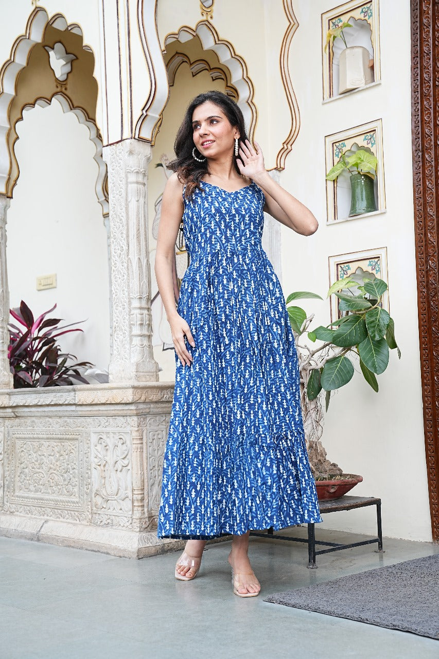 Blue Bloom Handblock Cotton Long  Dress