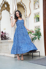 Blue Bloom Handblock Cotton Long  Dress