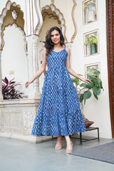 Blue Bloom Handblock Cotton Long  Dress