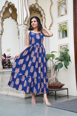 Royal Blue Paisley Handblock Printed Flared long Dress