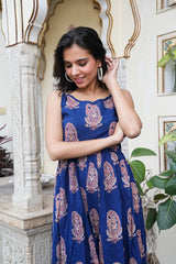 Royal Blue Paisley Handblock Printed Flared long Dress