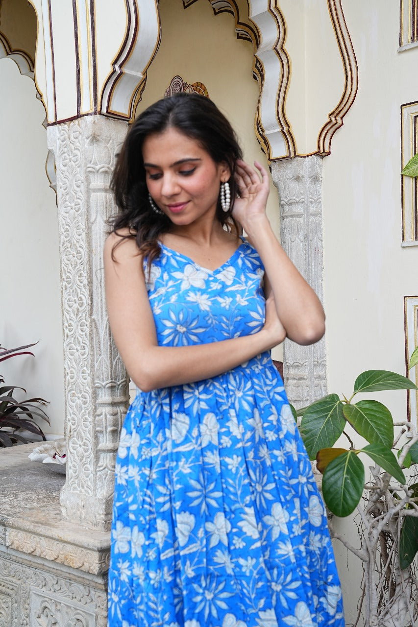 Sky Blue Floral Hand Block Printed Long Dress