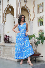 Sky Blue Floral Hand Block Printed Long Dress