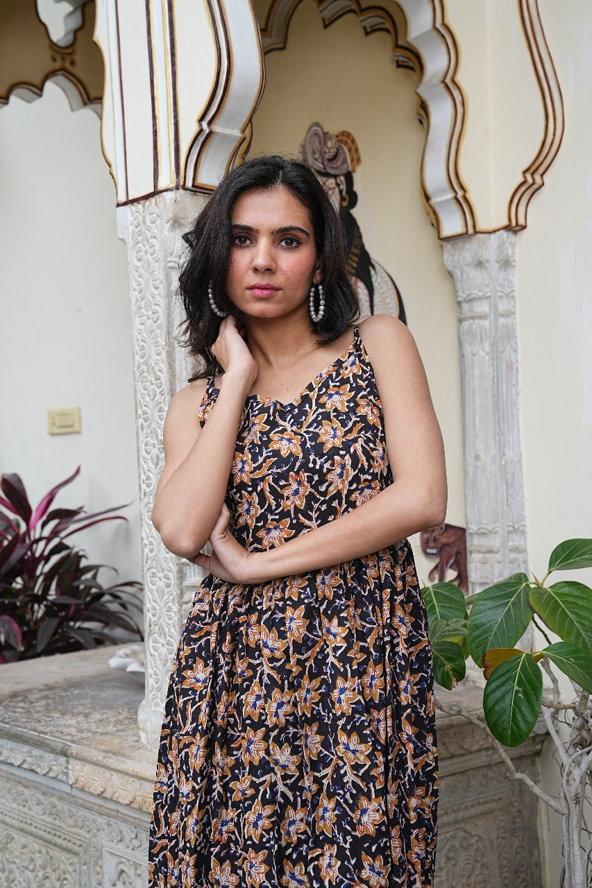 "Black & Mustard Hand-Block Floral Long  Dress"