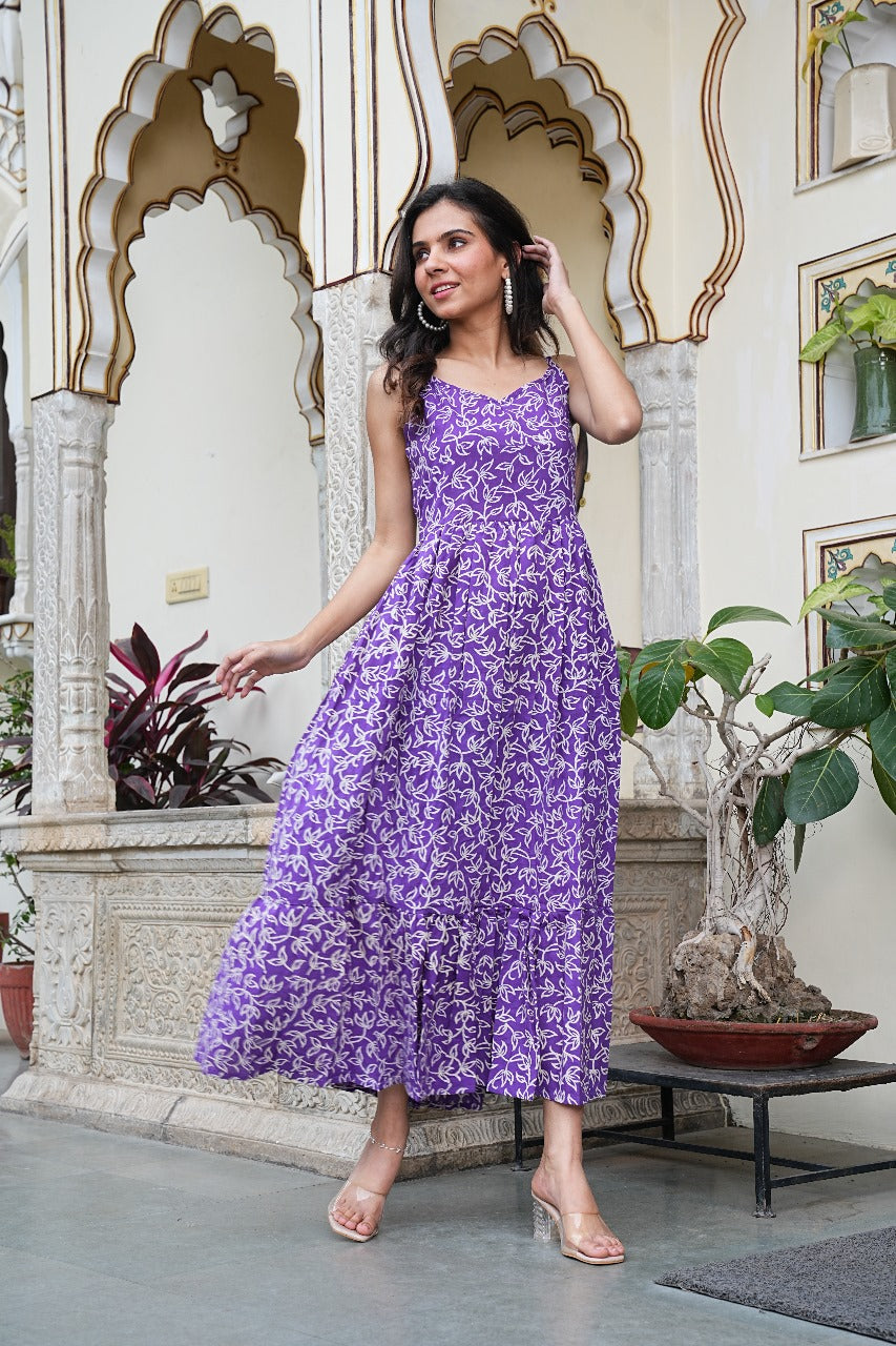 PURPLE FLORAL COTTON LONG DRESS