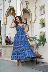 INDIGO DITSY DOT LONG DRESS