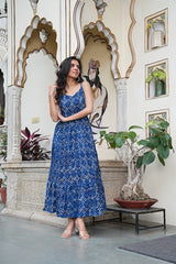 INDIGO DITSY DOT LONG DRESS