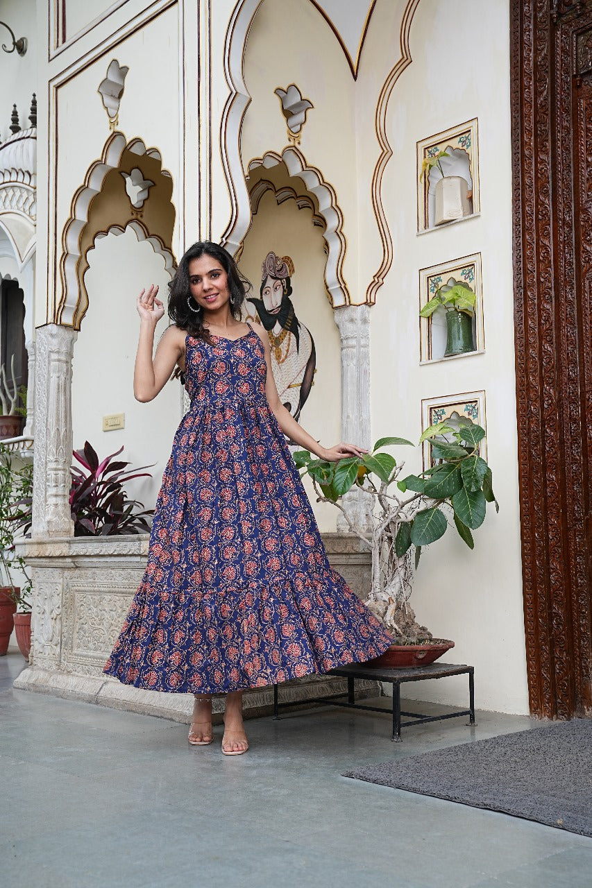 BOHO CHIC NAVY BLUE FLORAL LONG DRESS
