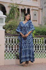 ELEGANT INDIGO HAND-BLOCK PRINTED LONG KAFTAN