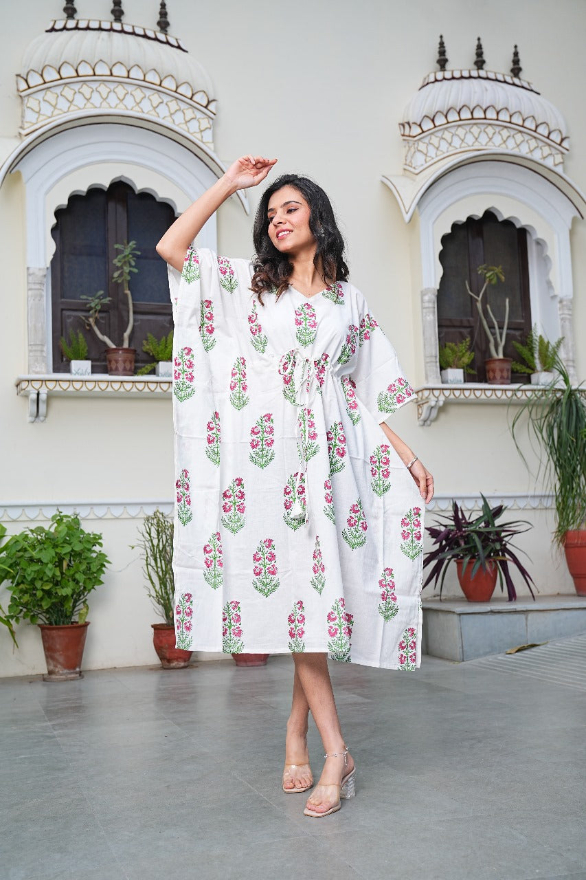 FLORAL HANDBLOCK PRINTED COTTON KAFTAN