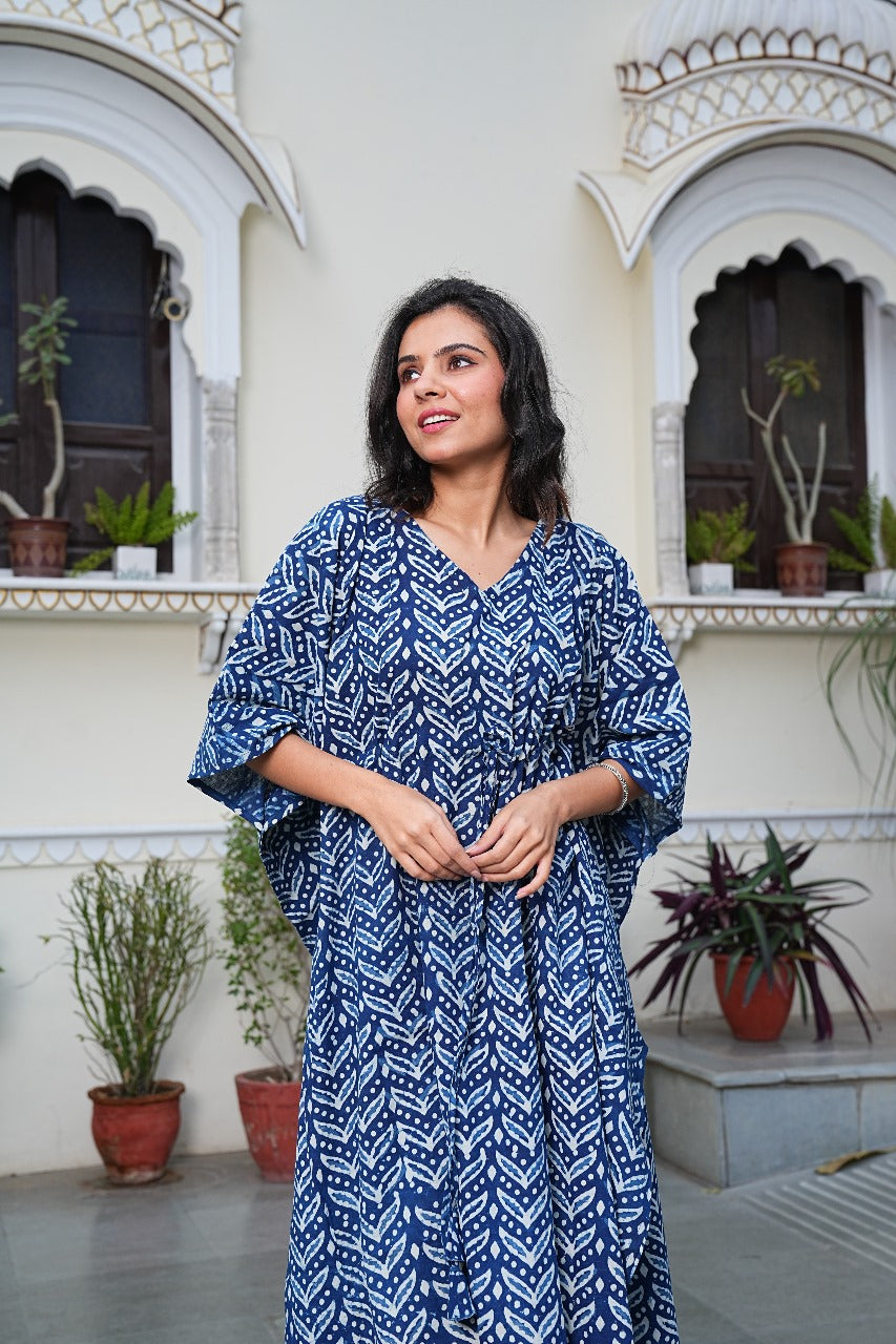 INDIGO HANDBLOCK PRINTED COTTON KAFTAN