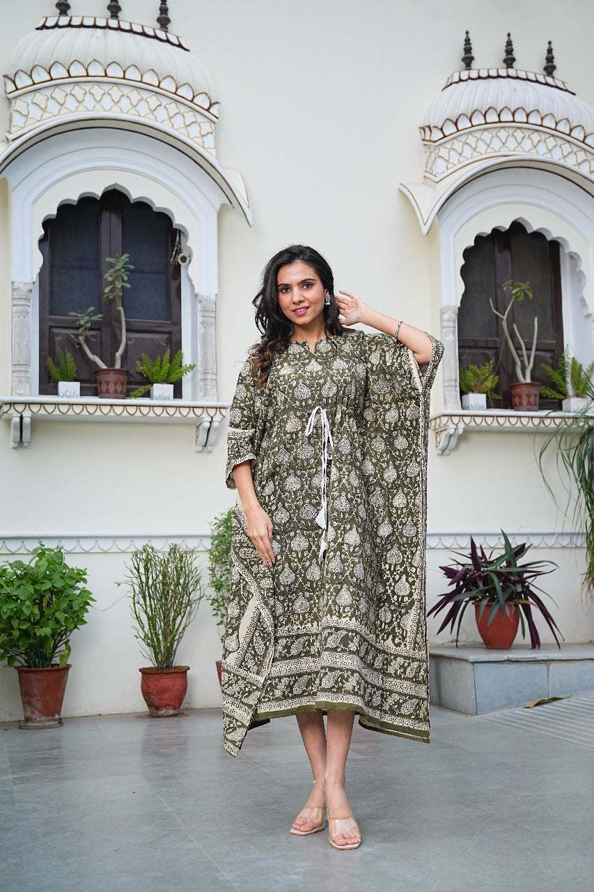 OLIVE GREEN HANDBLOCK PRINTED COTTON KAFTAN