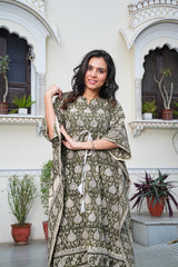 OLIVE GREEN HANDBLOCK PRINTED COTTON KAFTAN