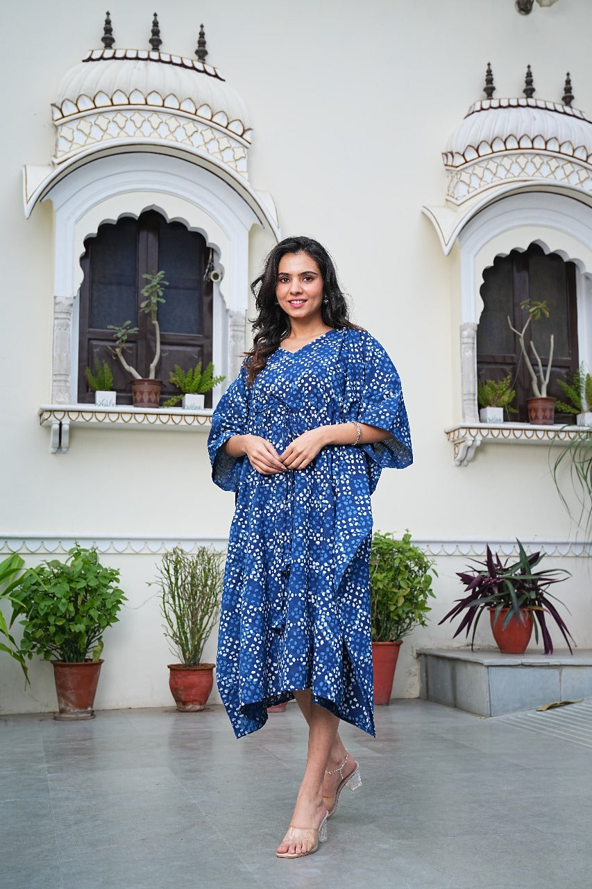 INDIGO BLUE DABU PRINT COTTON KAFTAN