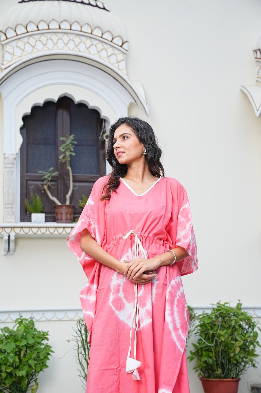 BLUSH PINK SHIBORI TIE-DYE COTTON KAFTAN
