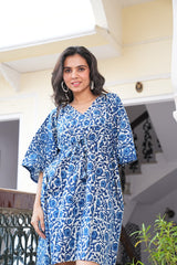 BLUE ABSTRACT BLOCK PRINT KAFTAN DRESS