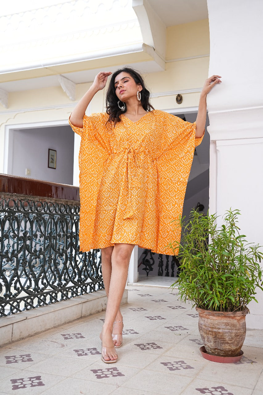 BRIGHT MUSTARD HAND BLOCK PRINTED KAFTAN DRESS