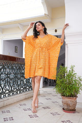 BRIGHT MUSTARD HAND BLOCK PRINTED KAFTAN DRESS
