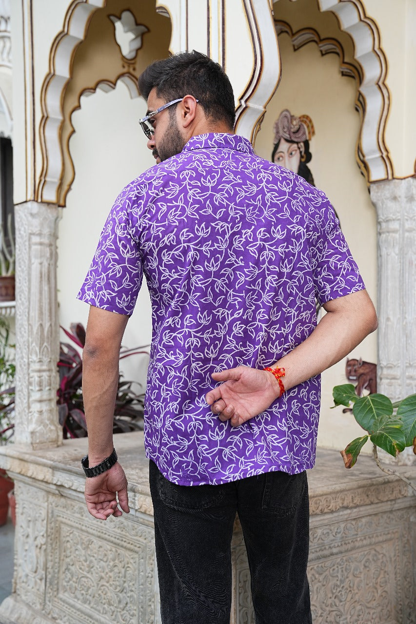 PURPLE BOTANICAL PRINT MEN’S PREMIUM COTTON SHIT