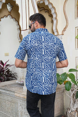 MEN’S INDIGO LEAF PRINT COTTON SHIRT