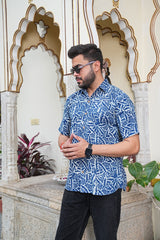 MEN’S INDIGO LEAF PRINT COTTON SHIRT