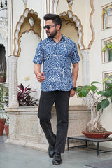MEN’S INDIGO LEAF PRINT COTTON SHIRT
