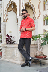MEN’S RED FLORAL BLOCK PRINT COTTON SHIRT