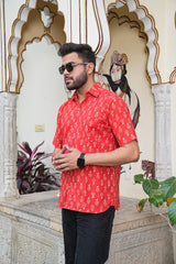 MEN’S RED FLORAL BLOCK PRINT COTTON SHIRT