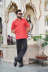 MEN’S RED FLORAL BLOCK PRINT COTTON SHIRT