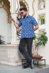 INDIGO HAND-BLOCK PRINTED MEN’S COTTON SHIRT