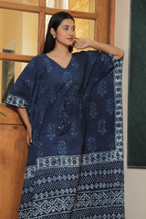 INDIGO HANDBLOCK PRINTED COTTON KAFTAN
