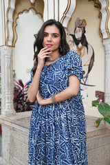 INDIGO LEAF FLARED DRESS