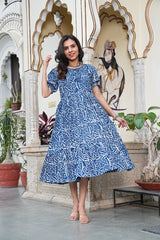 INDIGO LEAF FLARED DRESS