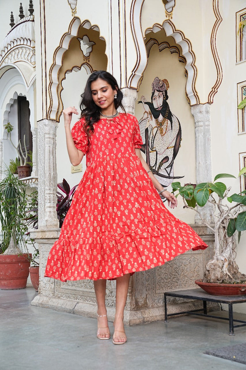 RED BLOSSOM FLARED DRESS