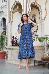 INDIGO BLUE POLKA FLARED DRESS