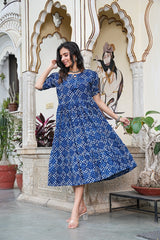 INDIGO BLUE POLKA FLARED DRESS