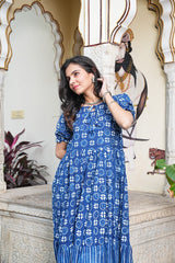 INDIGO BLUE GEOMETRIC FLARED DRESS