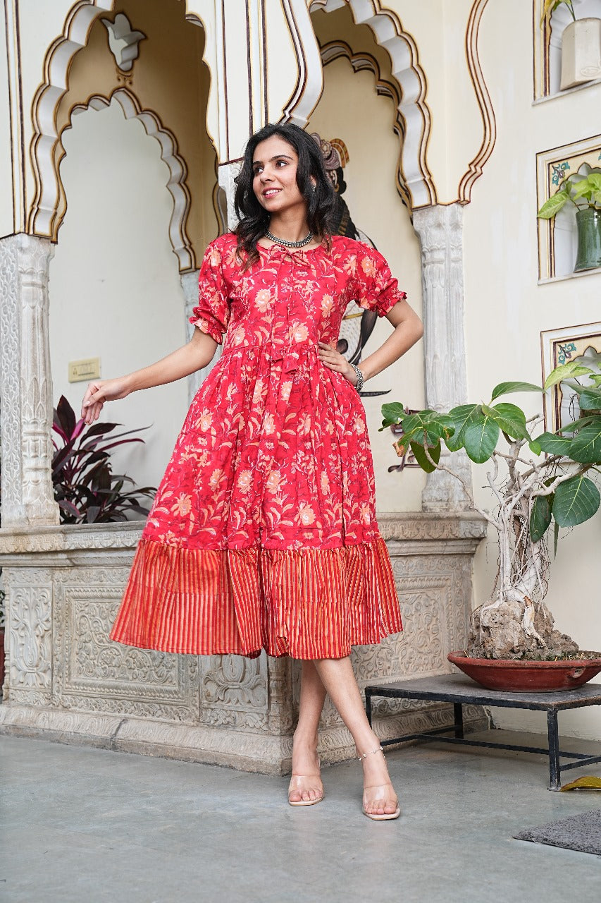 FLORAL CHARM RED FLARED DRESS