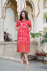 FLORAL CHARM RED FLARED DRESS