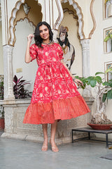 FLORAL CHARM RED FLARED DRESS