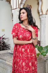 FLORAL CHARM RED FLARED DRESS