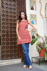 RUST RED HAND BLOCK COTTON SHORT KURTI