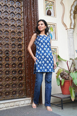 INDIGO HAND BLOCK COTTON SHORT KURTI