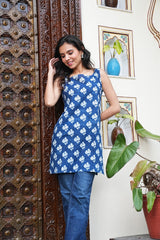 INDIGO HAND BLOCK COTTON SHORT KURTI