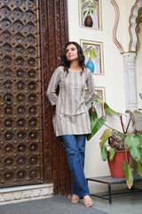 HANDCRAFTED BEIGE & BROWN HAND PRINT SHORT  KURTI SHORT KURTI