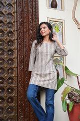 HANDCRAFTED BEIGE & BROWN HAND PRINT SHORT  KURTI SHORT KURTI
