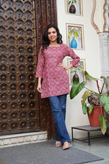 MARRON MANDALA PRINT COTTON KURTI SHORT KURTI