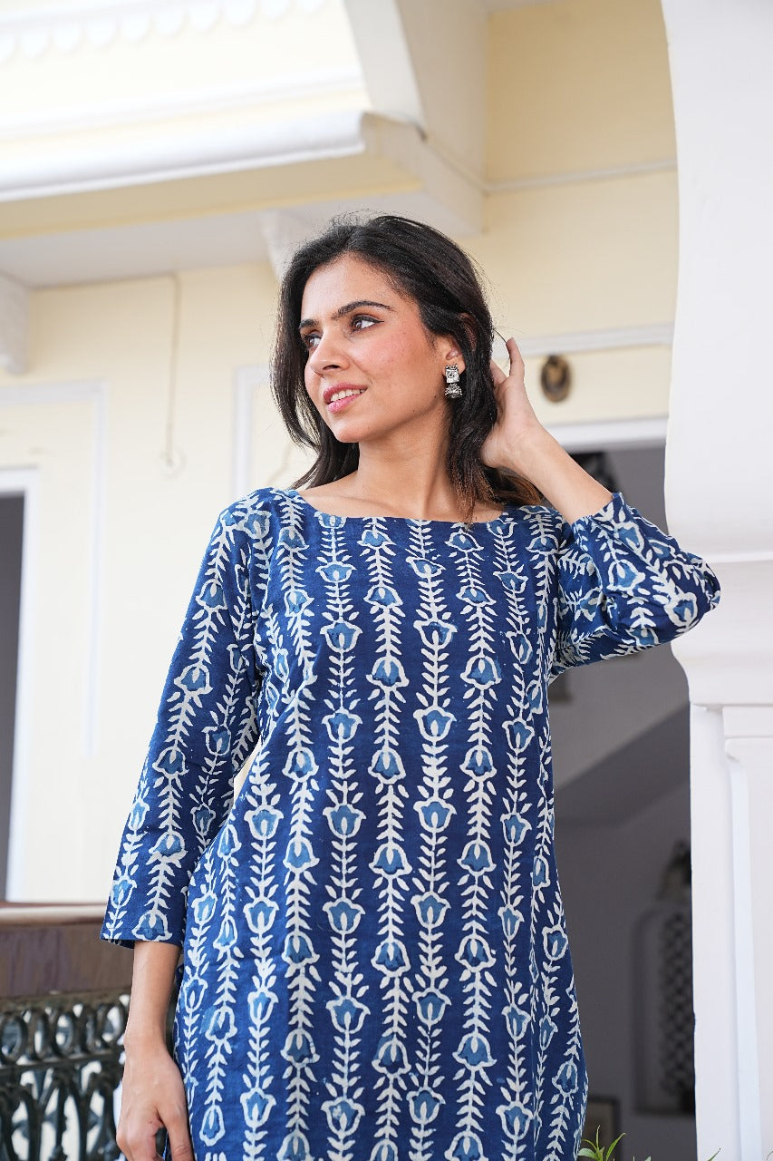 INDIGO BLUE HAND BLOCK PRINTED COTTON SHORT KURTI